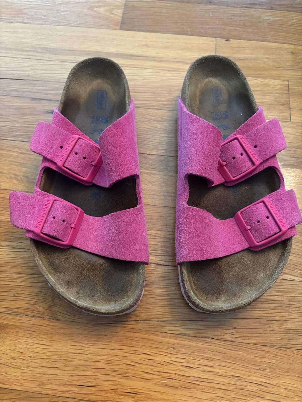 Birkenstock Two-Buckle Suede Sandals in Bright Pink